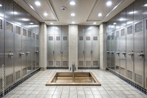 A sterile-looking tiled shower room abounds with multiple showerheads, their metallic tips glinting in the fluorescent light, surrounded by gleaming white floor drains. photo