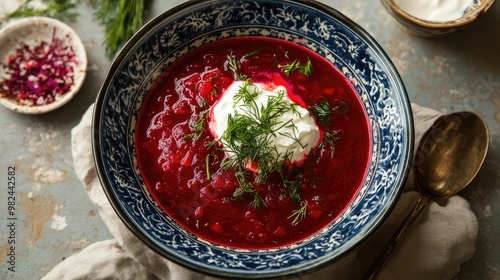 A comforting bowl of Russian borscht, with vibrant red beet soup and a dollop of sour cream, garnished with fresh dill.