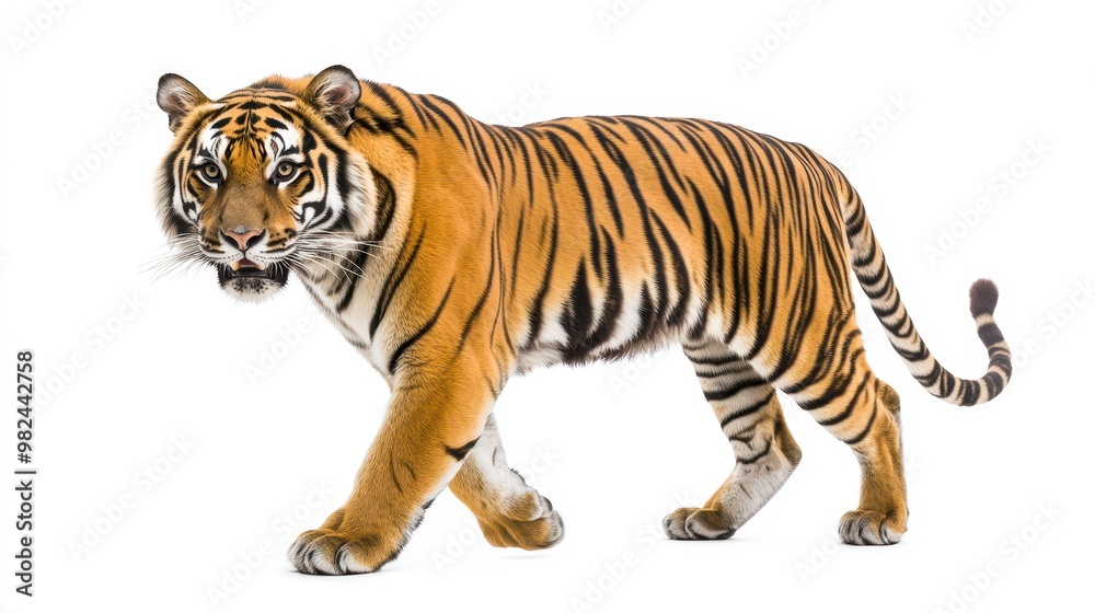 Obraz premium Elegant Bengal tiger walking forward with striking stripes, sharp gaze, and poised stance, isolated on a white background