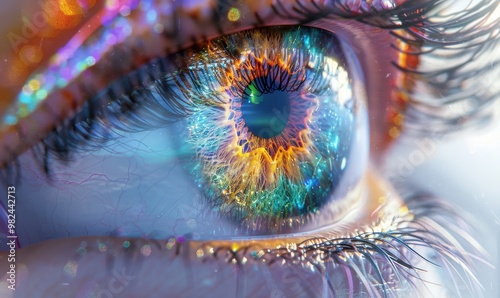 A detailed view of a multicolored iris with futuristic light effects and vibrant details.