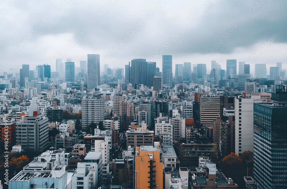 Fototapeta premium Aerial view of a city skyline under cloudy skies.