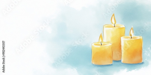 Watercolor illustration of burning candles with copy space for text. Three yellow candles on blue background on paper. WFor All Saints Day, All Souls Day, Easter, Christmas card, banner