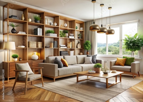 A stylish living room featuring wooden shelving units and comfortable furniture, creating a cozy atmosphere perfect for relaxing and entertaining.