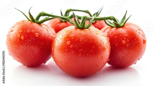 Fresh red tomatoes on white background, slightly dewy with stems attached