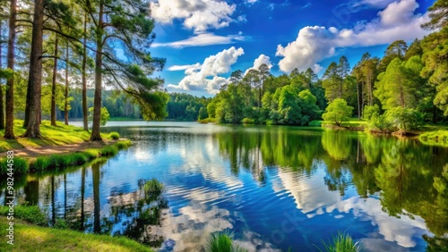 A tranquil lake's calm waters are reflected in the lush green surroundings, where towering trees provide shade and picturesque views for relaxation and recreation.