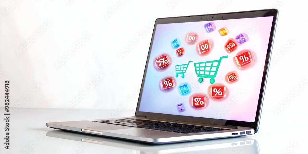 Sleek Flat Glossy Laptop on White Surface with Floating Holographic Coupon Icons for E-Commerce Promotions and Digital Retail Marketing Sleek Flat Glossy Laptop on White Surface with Floating Holographic Coupon Icons for E-Commerce Promotions and Digital Retail Marketing