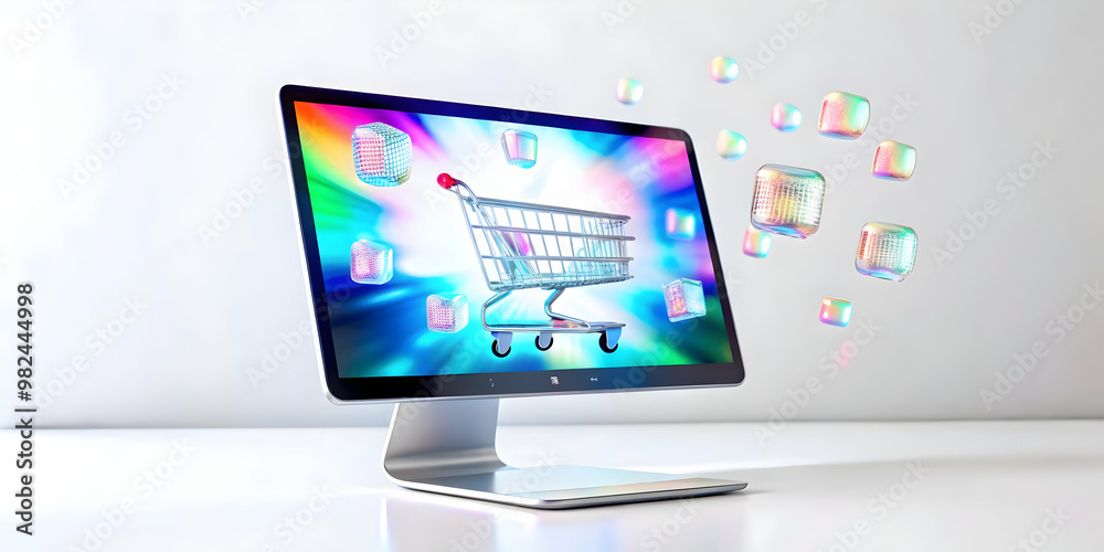 3D Glossy Monitor on White Surface with Floating Holographic Retail and Coupon Symbols for Modern Digital Marketing Design 3D Glossy Monitor on White Surface with Floating Holographic Retail and Coupon Symbols for Modern Digital Marketing Design
