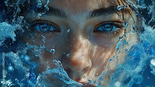 Close-Up Portrait of Woman's Face with Water Splashes