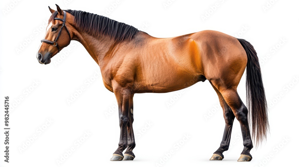 Obraz premium Gentle brown horse standing tall, slightly angled to the left, with a well-groomed coat on a bright white background