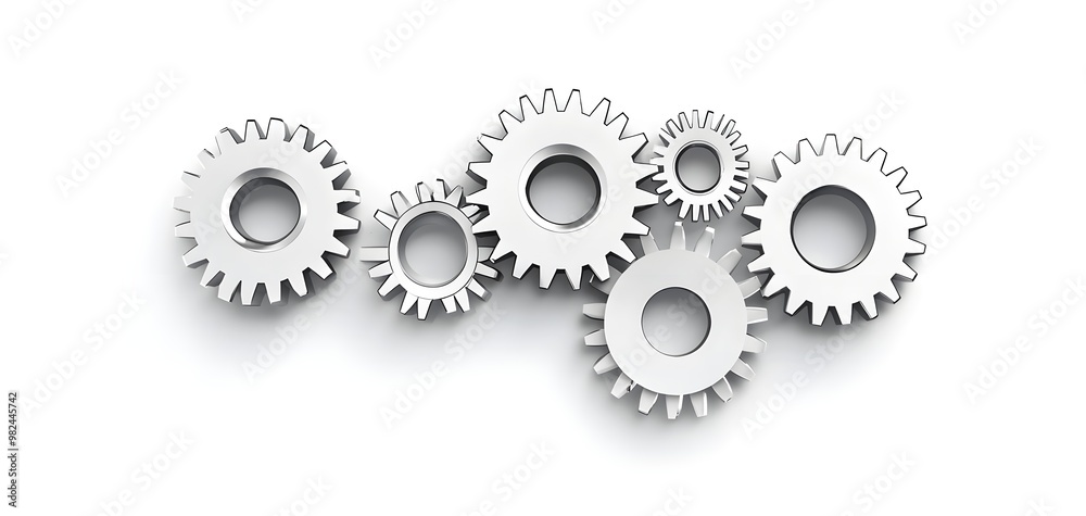 A network of gears, symbolizing teamwork and innovation, detailed metallic design, isolated on white background A network of gears, symbolizing teamwork and innovation, detailed metallic design, isolated on white background