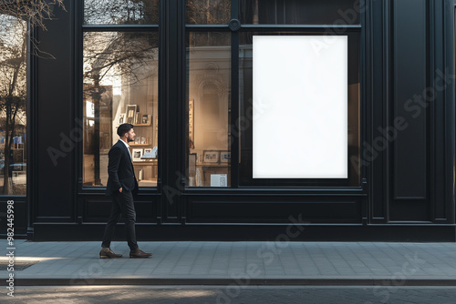 Businessman walking through sunlit empty showcase with light wall background 