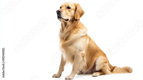 Golden retriever sitting calmly, looking straight ahead, soft fur detailed, on a pristine white background