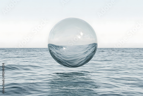 Clear crystal ball floating in blue water, reflecting light and resembling a globe