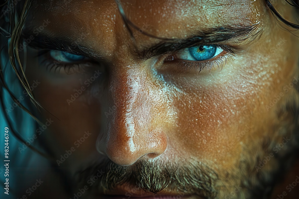 intense closeup portrait of a man with piercing blue eyes and flowing long hair dramatic lighting emphasizes facial features creating a captivating and mysterious atmosphere intense closeup portrait of a man with piercing blue eyes and flowing long hair dramatic lighting emphasizes facial features creating a captivating and mysterious atmosphere
