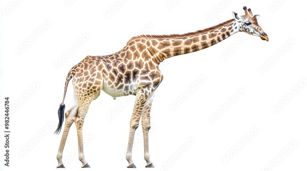 Fototapeta premium Graceful giraffe with long neck extended, standing tall and elegantly on a white background