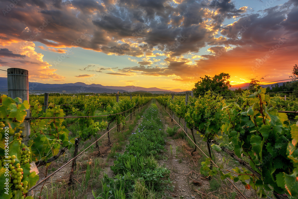 Naklejka premium Vineyard at sunset. Rural landscape, green nature in summer