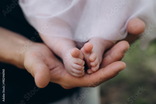 An adult's hand holding a baby's little feet. Newborn feet. Little baby legs. Newborn photography. 