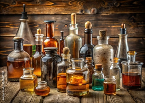 A wooden table displays a fascinating assortment of antique medicine containers, their faded labels and worn glass telling stories of past remedies and healthcare practices.