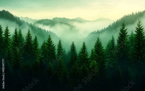 Pine forest, distant hills, foggy morning light, calm ambiance, Watercolor style