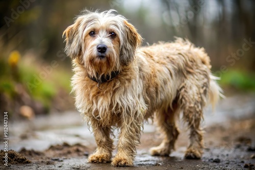 A wretched hound, its once-luxuriant fur now sparse and matted, trudges listlessly on the ground, exuding an overwhelming stench of decay. photo