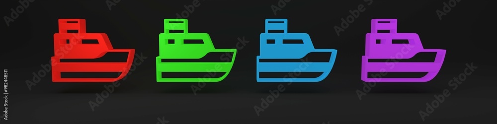 Colorful Ship line path of ship sea route with start point GPS and black line icon isolated on black background. Minimalism concept. 3D render illustration Colorful Ship line path of ship sea route with start point GPS and black line icon isolated on black background. Minimalism concept. 3D render illustration