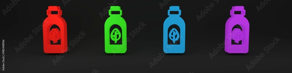 Colorful Essential oil bottle icon isolated on black background. Organic aromatherapy essence. Skin care serum glass drop package. Minimalism concept. 3D render illustration Colorful Essential oil bottle icon isolated on black background. Organic aromatherapy essence. Skin care serum glass drop package. Minimalism concept. 3D render illustration