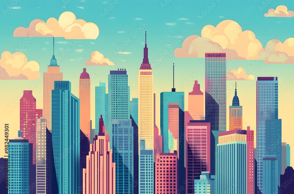 Colorful skyline illustration of a cityscape at sunset. Colorful skyline illustration of a cityscape at sunset.