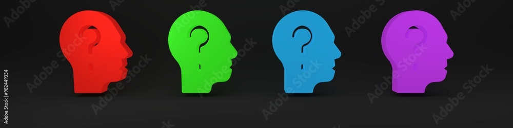 Colorful Human head with question mark icon isolated on black background. Minimalism concept. 3D render illustration Colorful Human head with question mark icon isolated on black background. Minimalism concept. 3D render illustration