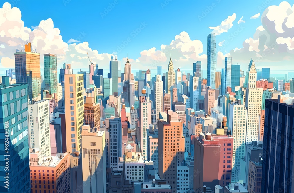 Vibrant cityscape with skyscrapers and blue skies. Vibrant cityscape with skyscrapers and blue skies.