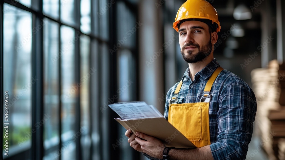 A construction worker in a yellow hard hat reviews project plans indoors while standing next to large windows in a bright workspace A construction worker in a yellow hard hat reviews project plans indoors while standing next to large windows in a bright workspace