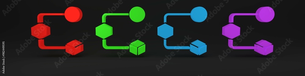 Obraz premium Colorful Isometric cube icon isolated on black background. Geometric cubes solid icon. 3D square sign. Box symbol. Minimalism concept. 3D render illustration