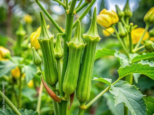 Close-up image of okra plants growing in a garden, featuring green pods and delicate yellow flowers.