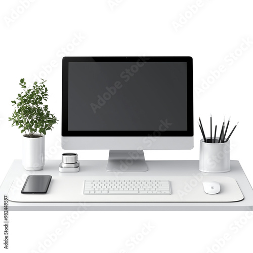 Computer monitor with mouse and keyboard on a desk isolated on transparent background