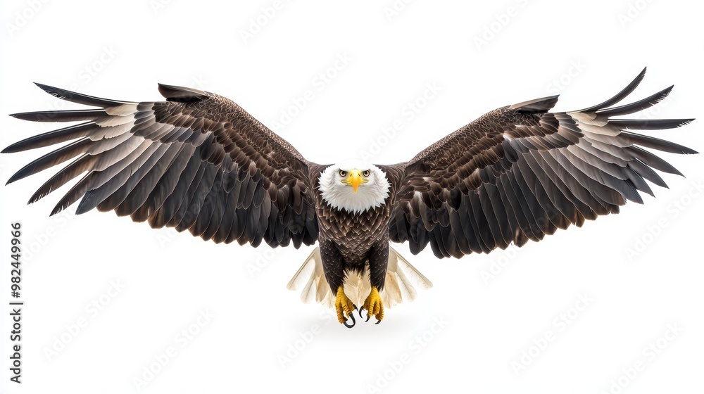 Fototapeta premium Majestic bald eagle with wings slightly spread, sharp beak and intense eyes, captured on a clean white background