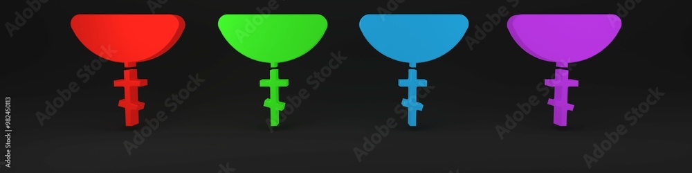 Colorful Christian cross on chain icon isolated on black background. Church cross. Minimalism concept. 3D render illustration Colorful Christian cross on chain icon isolated on black background. Church cross. Minimalism concept. 3D render illustration