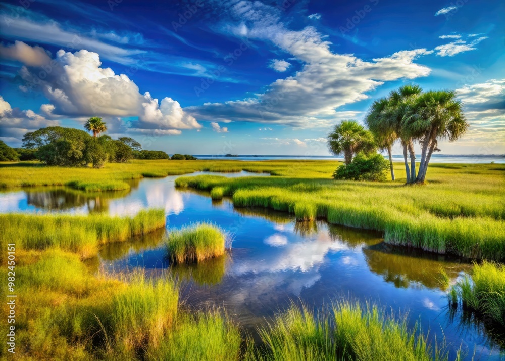 Coastal marsh with green grasses, distant trees, and blue sky in Big Talbot Island, Florida, USA. Coastal marsh with green grasses, distant trees, and blue sky in Big Talbot Island, Florida, USA.