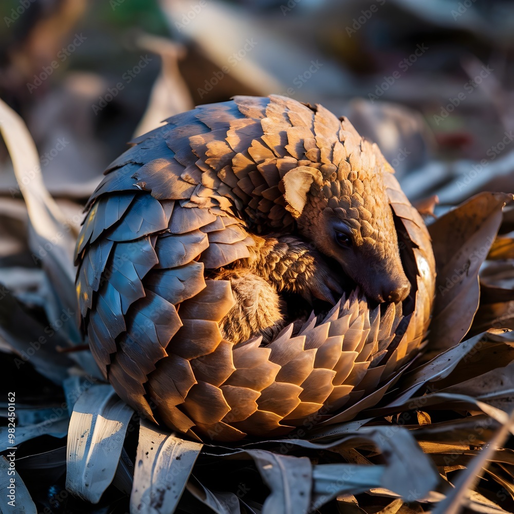 Obraz premium Pangolin Curled Up on Dry Leaves