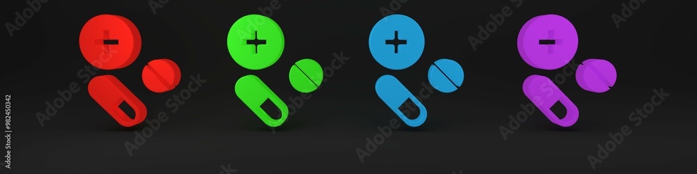 Obraz premium Colorful Medicine pill or tablet icon isolated on black background. Capsule pill and drug sign. Pharmacy design. Minimalism concept. 3D render illustration