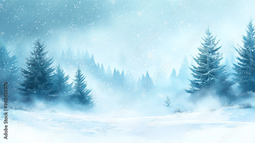 Fototapeta premium Christmas background, Winter snow scene with pine trees and falling snowflakes.