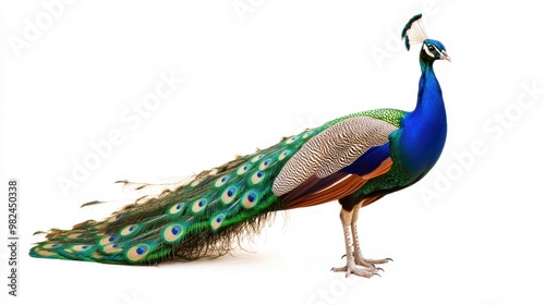 Majestic peacock standing proudly with tail feathers down, iridescent colors against a white background