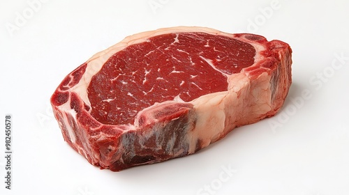 Marbled beef ribeye steak, raw and fresh, resting on a pristine white backdrop.