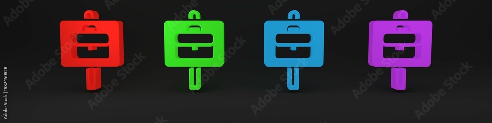Colorful Magnifying glass with briefcase icon isolated on black background. Job hunting. Work search concept. Unemployment, head hunting, career. Minimalism concept. 3D render illustration Colorful Magnifying glass with briefcase icon isolated on black background. Job hunting. Work search concept. Unemployment, head hunting, career. Minimalism concept. 3D render illustration