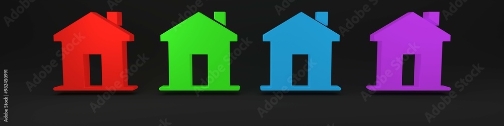 Colorful House icon isolated on black background. Real estate agency or cottage town elite class. Minimalism concept. 3D render illustration Colorful House icon isolated on black background. Real estate agency or cottage town elite class. Minimalism concept. 3D render illustration