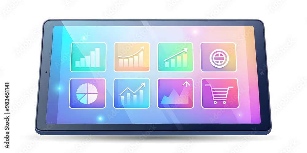 Flat Holographic Tablet with Floating Demand and Promotion Icons on Glossy White Surface - Modern Tech Vector Illustration for Promotional and Financial Content Flat Holographic Tablet with Floating Demand and Promotion Icons on Glossy White Surface - Modern Tech Vector Illustration for Promotional and Financial Content
