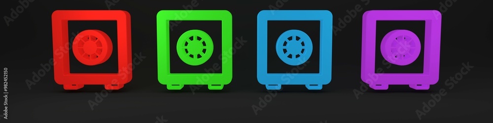 Colorful Safe icon isolated on black background. The door safe a bank vault with a combination lock. Reliable Data Protection. Minimalism concept. 3D render illustration Colorful Safe icon isolated on black background. The door safe a bank vault with a combination lock. Reliable Data Protection. Minimalism concept. 3D render illustration