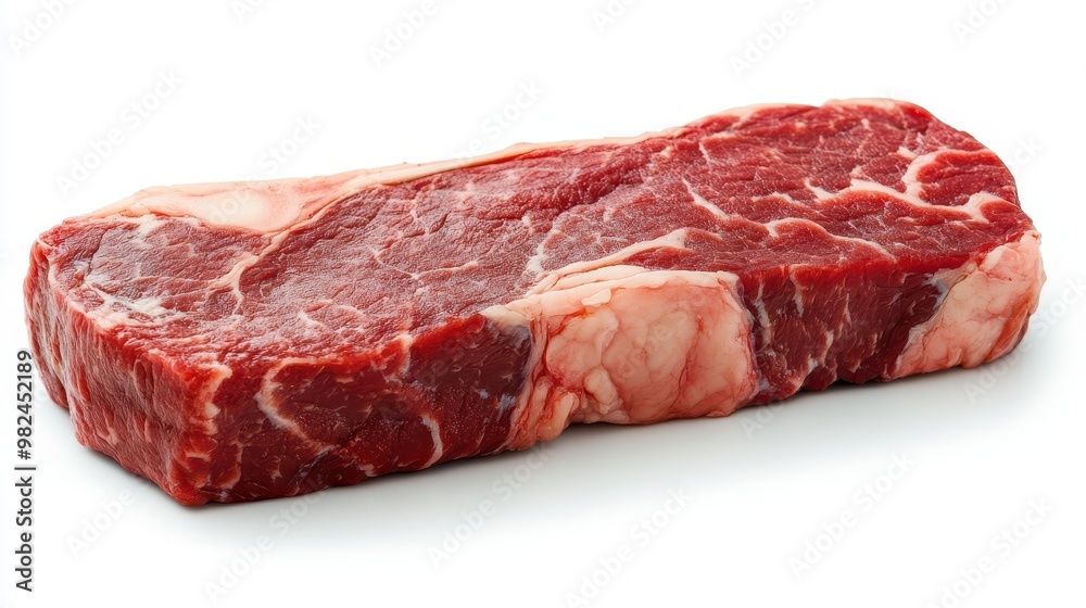 Raw beef sirloin steak with marbled fat, isolated on a white background. Raw beef sirloin steak with marbled fat, isolated on a white background.