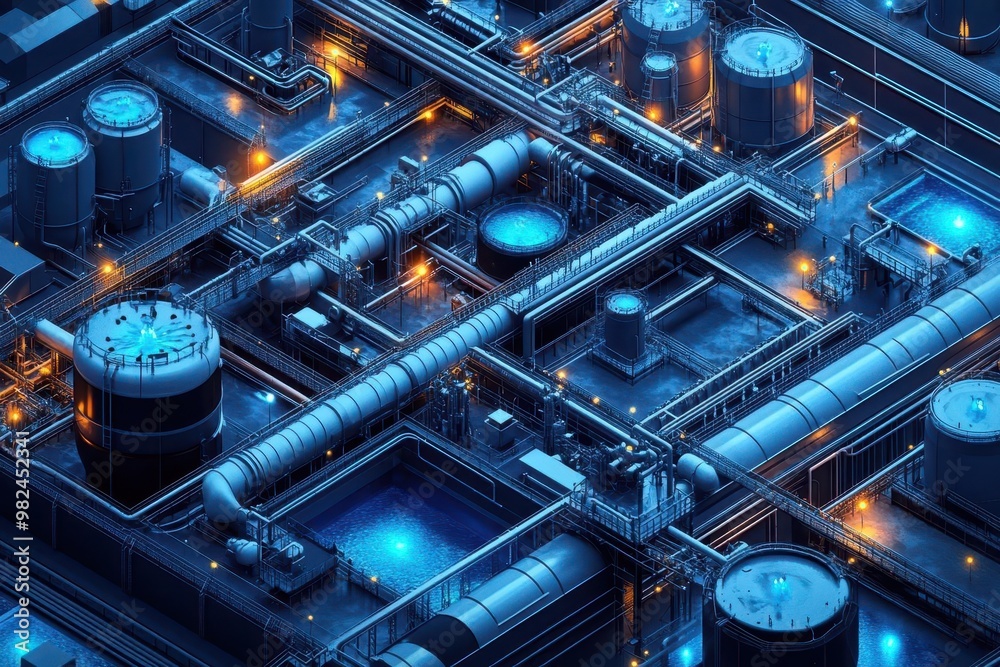isometric illustration of an advanced water treatment facility with interconnected tanks pipes and filtration systems vibrant color scheme highlighting different stages of the purification process isometric illustration of an advanced water treatment facility with interconnected tanks pipes and filtration systems vibrant color scheme highlighting different stages of the purification process