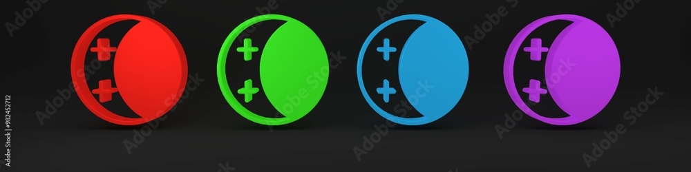 Colorful Eclipse of the sun icon isolated on black background. Total sonar eclipse. Minimalism concept. 3D render illustration Colorful Eclipse of the sun icon isolated on black background. Total sonar eclipse. Minimalism concept. 3D render illustration