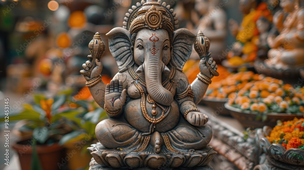 Enchanting handmade Ganesh sculpture surrounded by vibrant flowers in a bustling marketplace at sunrise. Generative AI Enchanting handmade Ganesh sculpture surrounded by vibrant flowers in a bustling marketplace at sunrise. Generative AI