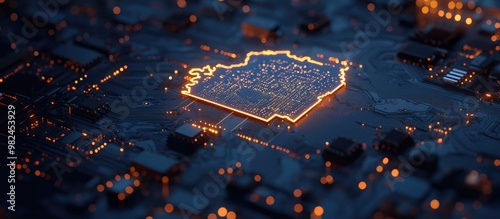 A microchip shaped like a country s outline features a central processing unit symbolizing technology against a dark background photo